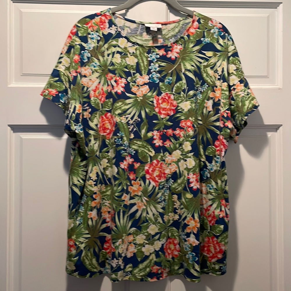 J. JILL Lightweight Tropical T-shirt Top Colorful Short Sleeves High Neck